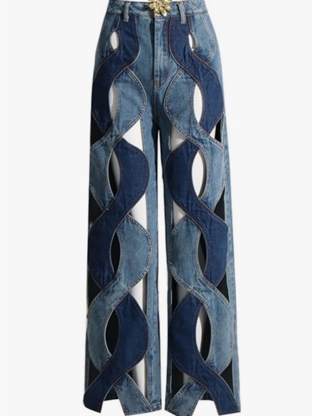 High-Waist Two-Tone Blue Cutout Wide-Leg Jeans